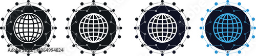Global network globe icon collection vector illustration featuring world connection symbols with circular nodes for international communication, internet technology, and data exchange design