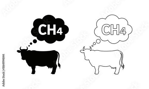 cow silhouettes with methane thought bubbles  climate change concept