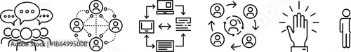 Communication and teamwork line icon set vector illustration showing discussion network workflow collaboration feedback and interaction symbols for business process and social concept design