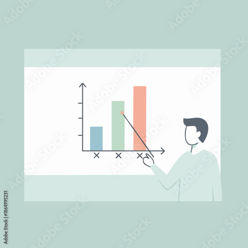 Minimalist Flat Illustration of Man Presenting Bar Graph Data Presentation