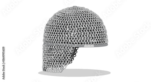 Detailed illustration of a historical chain mail helmet, offering robust head protection as an essential part of a medieval knight's armor ensemble for battle