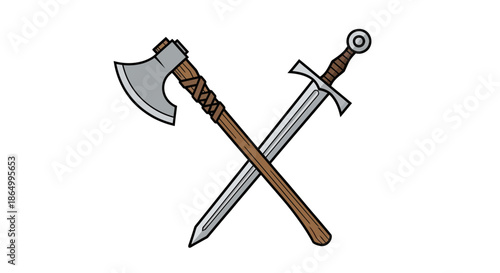 A vintage illustration of a crossed sword and battle axe, symbolizing warfare and medieval combat, isolated on white background