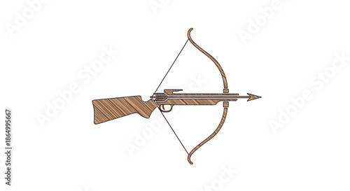 Vector illustration of a classic hunting crossbow, featuring a wooden stock and poised arrow. Ideal for archery, historical themes, and outdoor sports