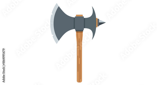 Powerful double-headed battle axe weapon illustration. Sharp steel blades, rustic wooden handle. Graphic symbol for ancient warfare, medieval combat, and fantasy adventure themes