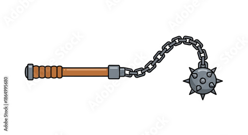 Medieval weapon illustration Flail with spiked ball and wooden handle