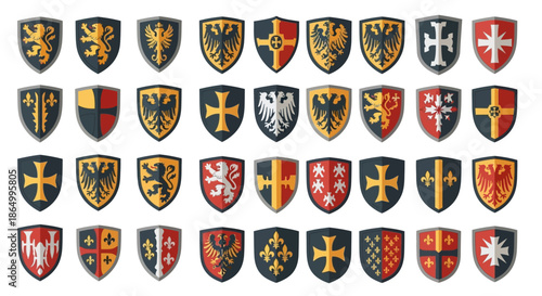 A collection of heraldic shields featuring a variety of crosses and animal emblems, presented in a clear, organized grid