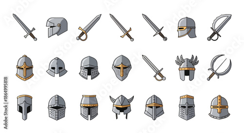 Comprehensive collection of medieval armor and helmets set, featuring various knight headwear and swords ideal for historical combat illustrations or game design assets