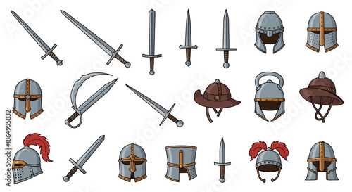A rich vector collection of medieval historical armor and weapon elements, featuring various helmets, swords, and daggers, ideal for ancient warfare and knightly themes