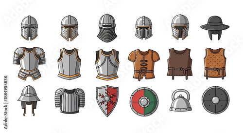 Vector collection of medieval armor, including helmets, breastplates, and shields. Essential protective gear and accessories for historical and fantasy warrior illustrations