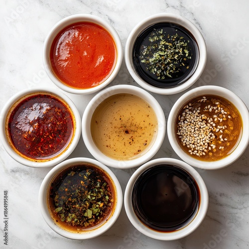 Array of seven small bowls filled with various sauces on a marble surface
