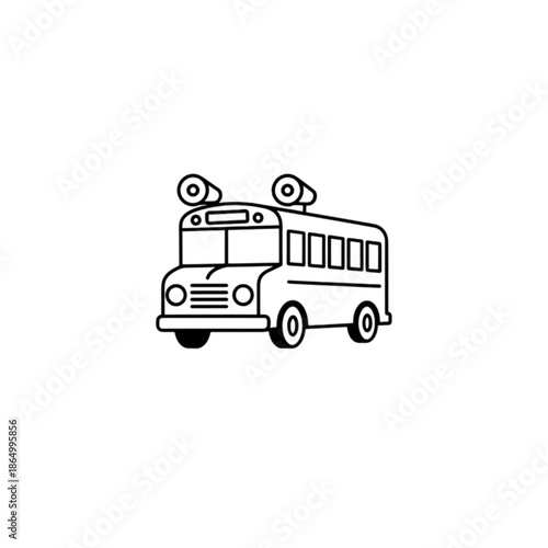 A minimalist black and white vector image of a classic school bus with roof-mounted signal lights, representing student transportation and the daily commute to school