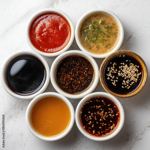 Seven bowls of different sauces arranged in a circle on a marble surface