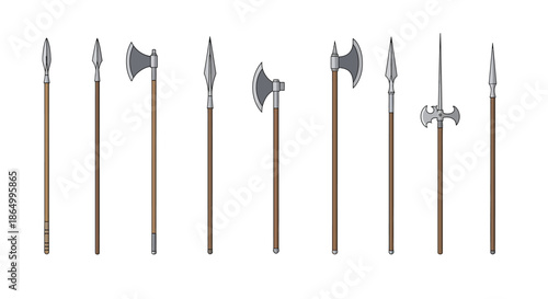 Collection of medieval fantasy weapons, including swords, axes, and spears, for fantasy games and stories