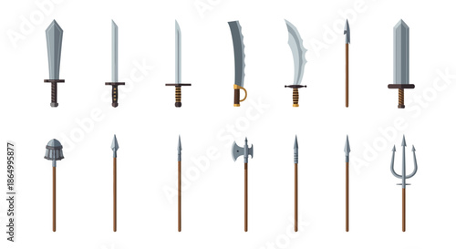 Collection of historical medieval fantasy swords, axes, spears, and tridents on a white background