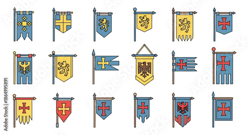 Collection of Medieval Heraldic Flags and Banners Representing Knights and Kingdoms, Featuring Historical Emblems and Coats of Arms in a Flat Icon Style Vector Set