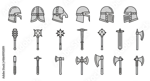 Vector set of diverse medieval warfare equipment, featuring authentic knight helmets, maces, and battle axes. Essential graphic elements for historical projects and gaming