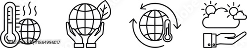 Climate change and global warming line icon set vector illustration showing temperature rise sustainability environmental protection and weather impact symbols for ecology and climate awareness design