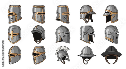 Illustrative collection of diverse medieval knight metal armor helmets, showcasing various historical styles of protective headwear from ancient battles and jousts