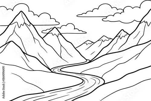 A simple cartoon mountain landscape. Kids coloring book with simple line art. Educational illustration to support creativity, motor skills, and early childhood learning.