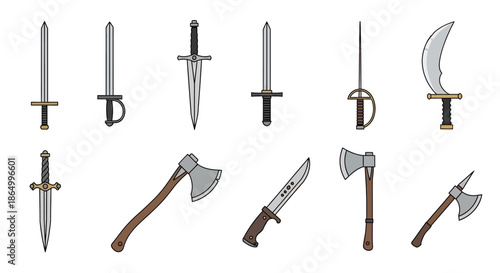 Collection of Medieval Swords and Battle Axes, Including Daggers and Sabers, Presented on a White Background