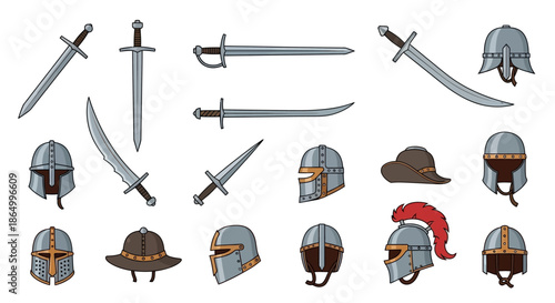 Detailed Vector Illustration Set Featuring a Variety of Medieval Swords, Sabers, Daggers, and Ancient Warrior Helmets for Historical and Fantasy Projects
