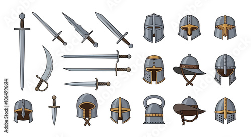 Collection of Medieval Swords and Helmets Vector Graphics