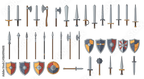 Collection of Medieval Swords, Axes, Spears, Shields, and Mace Icons on a White Background