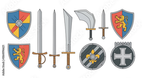 Collection of Medieval Swords and Shields Vector Graphics for Historical Reenactments and Fantasy Games