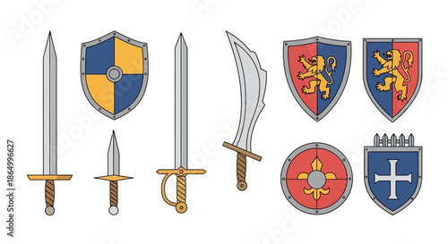 Collection of diverse medieval combat weapons and protective shields, featuring swords, daggers, and heraldic designs for historical illustration projects