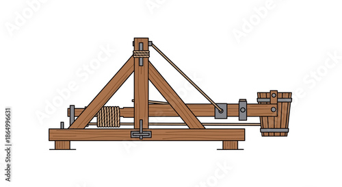 Illustration of a wooden catapult, a medieval siege weapon used in warfare