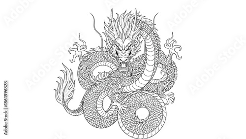 Majestic dragon illustration with fiery mane and scales, Generative AI.