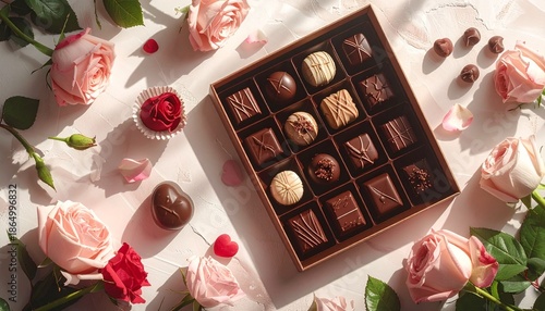 Chocolate gift box. Assorted chocolates. Valentine's Day treats. Pink roses. Sweets and flowers. Gift box of chocolates. Dessert and rose arrangement. Valentine day gift. Brown box of