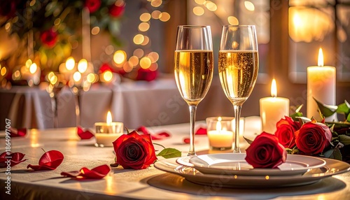 Romantic valentine dinner setup. Two glasses of champagne. Red roses and candles on table. Valentine's Day celebration. Intimate evening. Wine glasses. Candlelight dinner. Restaurant