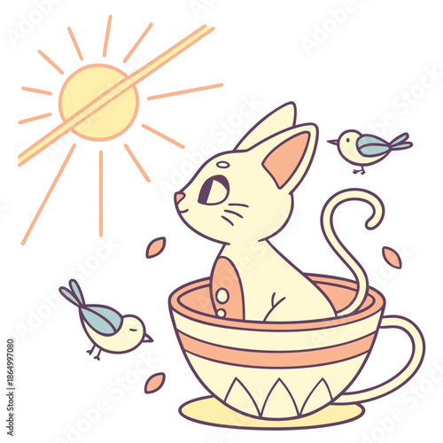 Bashful expression on a Sphynx cat in a Morning sunshine theme, with sitting in a teacup ride – Sunny Mornings vector art