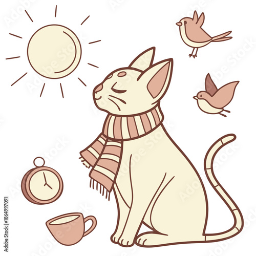Whimsical Sphynx cat feeling Bashful in a Morning sunshine setting with with a scarf – colored in Sunny Mornings