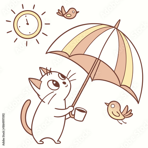 Whimsical Sphynx cat feeling Surprised in a Morning sunshine setting with under an umbrella – colored in Sunny Mornings