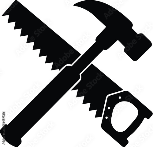 Hammer and saw silhouette, woodworker tool icon, woodworking vector symbol.