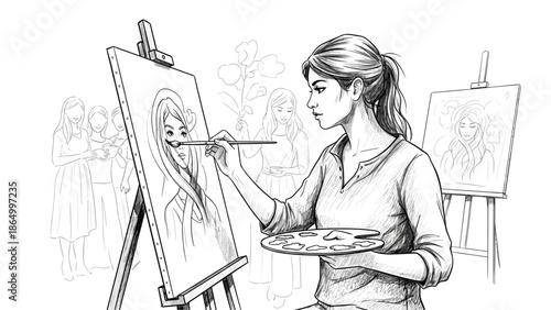 Woman painting a portrait with a brush and palette in a creative studio, Generative AI.