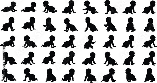PrintCrawling baby silhouette vector, black infant shapes, child movement pattern, nursery design element, baby pose icons for print, decor, and graphic use