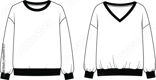 PrintCrew neck sweater, V-neck sweater, casual fashion illustration, ribbed cuffs, relaxed fit, vector design, garment template, apparel mockup, clothing style comparison