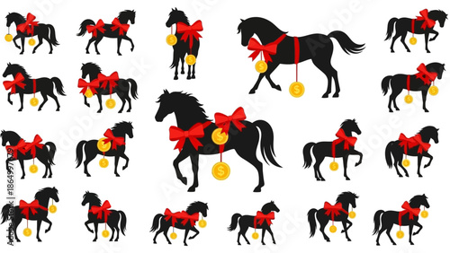Black horse with red bow.