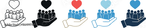 People care and community support icon set vector illustration featuring hands holding groups with heart symbols for charity, social service, teamwork, and humanitarian design concepts