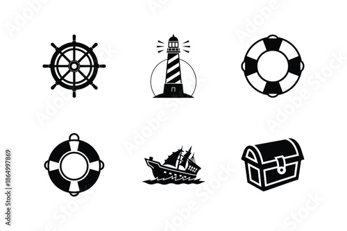 Set of Nautical Icons. Nautical Elements Collection for Summer Travel and Sailing. Marine Life Symbols Isolated on White Background