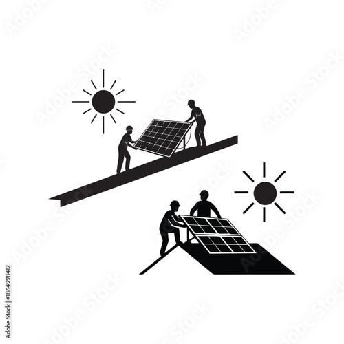 Workers installing solar panel on roof