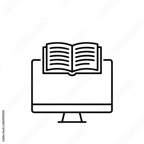 A minimalist line art vector image of an open book positioned over a computer screen, representing digital education, e-learning platforms, and virtual study
