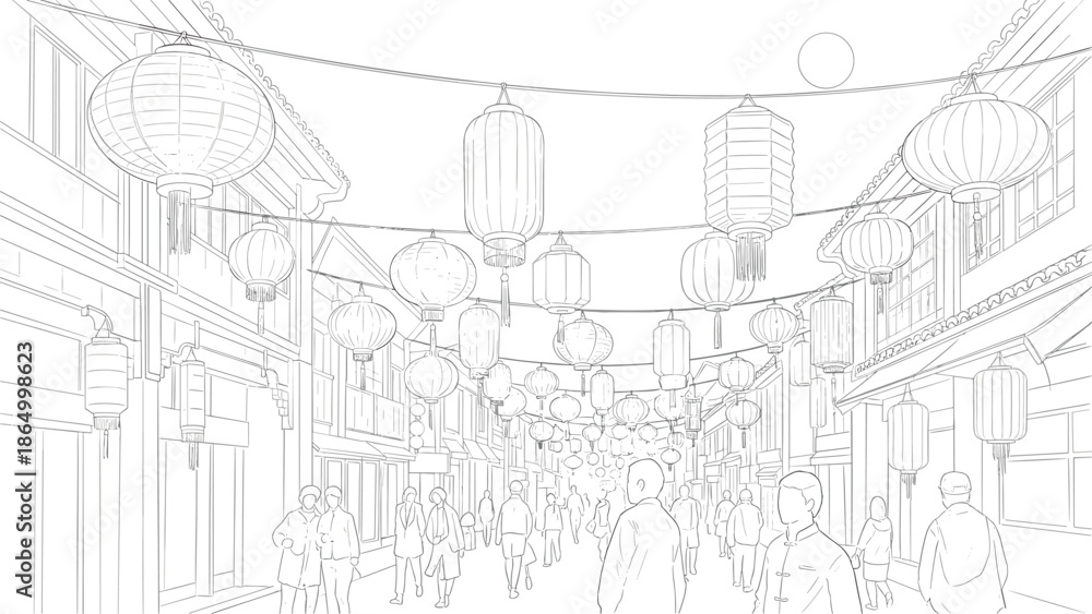 Fototapeta premium Vibrant street scene with people walking under colorful lanterns in a bustling city, Generative AI.