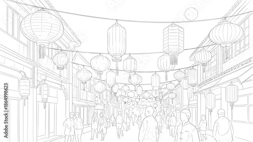 Vibrant street scene with people walking under colorful lanterns in a bustling city, Generative AI.