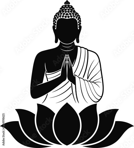Buddha silhouette meditating with folded hands on lotus flower and praying hands fingertips up and upward hands together vector
