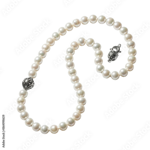 Png isolated transparent background White pearl necklace with ornate silver clasp and bead detail on black background