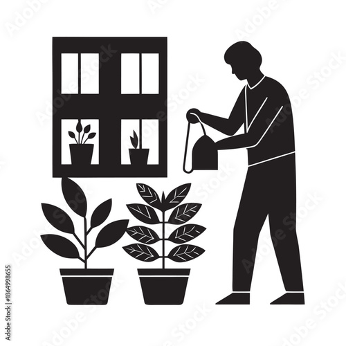 Cold Day Urban Plant Watering Scene